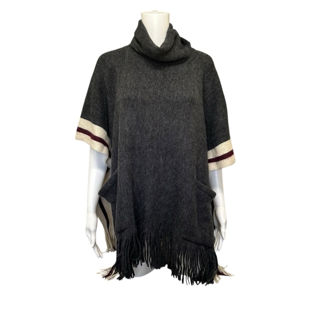 Steve Madden Loose Turtleneck Cozy Fringed Classic Poncho Cape Charcoal Size OS